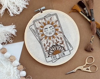 DIY The Sun Embroidery Kit - Tarot Card Embroidery Kit - Beginner friendly crafting - 6 Inch Cross Stitch - Fall and Halloween Design
