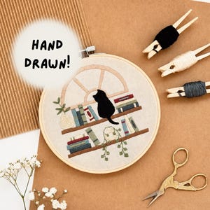 Cat Embroidery Beginner Kit Bookshelf Reader: Modern Adult Cross Stitch, DIY Craft