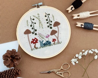 DIY Mushroom and Snail Embroidery Kit - DIY Beginner Embroidery Kit - Fairytale Art Kit - Toadstool Garden - 6 Inch Hoop - DIY Cozy Craft