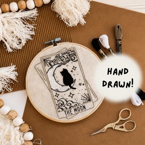 Moon Tarot Card Embroidery Beginner Craft: Modern Witchy Cat Adult Crafting, DIY Hoop