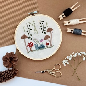 DIY Mushroom and Snail Embroidery Kit - DIY Beginner Embroidery Kit - Fairytale Art Kit - Toadstool Garden - 6 Inch Hoop - DIY Cozy Craft