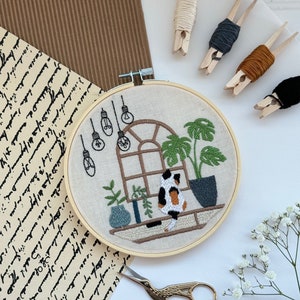 DIY Cat and Plant Embroidery Kit - House Plant Hoop Art - Monstera Embroidery Beginner - 6 Inch Hoop - Adult Craft Kit - DIY Easy Craft Kit