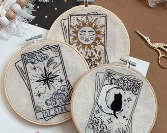 DIY Beginner Embroidery Kit 3-in-1 Tarot Card  - The Sun Tarot Card - The Moon Tarot Card - The Star Tarot Card - Adult Crafts - 6 inch Hoop