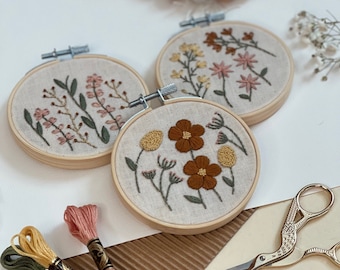 DIY 3-in-1 Beginner Embroidery Kit - 3 Inch Hoops - Mini Floral Embroidery - Spring Cross Stitch - Adult Crafts - Beginner Craft Kit -