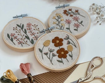 DIY 3-in-1 Beginner Embroidery Kit - 3 Inch Hoops - Mini Floral Embroidery - Spring Cross Stitch - Adult Crafts - Beginner Craft Kit -