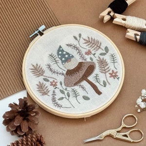 DIY Mushroom Gnome Embroidery Kit - DIY Beginner Embroidery Kit - Toadstool Emroidery - Spring Embroidery  - DIY Cozy Craft - 6 Inch Hoop