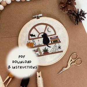 Halloween Cat Embroidery Pattern: Beginner DIY Craft (PDF Download, 6 inch Hoop Design)