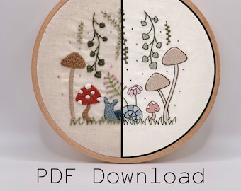 PDF DOWNLOAD Mushroom and Snail Embroidery Design - Mushroom Embroidery Digital Download - Cottage Core Embroidery - Snail Embroidery File