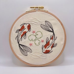 DIY Koi Fish Embroidery Kit - DIY Beginner Embroidery Kit - Wash Away Design - Simple Embroidery Kit - 6 Inch Hoop - DIY Cozy Craft