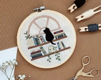 DIY Beginner Cat Embroidery Kit- Cat and Books - House Plant Hoop Art - Hanging Plants Embroidery Beginner - 6 Inch Hoop - Adult Craft Kit -