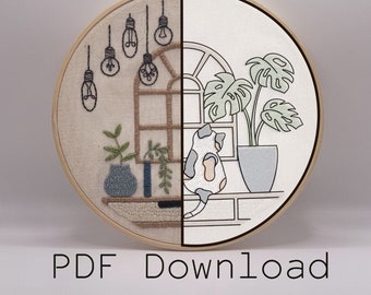 PDF DOWNLOAD Cat and Plant Embroidery Design - Monstera Houseplanet Embroidery - Digital Download Embroidery - Modern Adult Embroidery Art