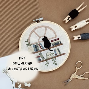 PDF Embroidery Download Bookshelf Cat and Plant: Digital Design