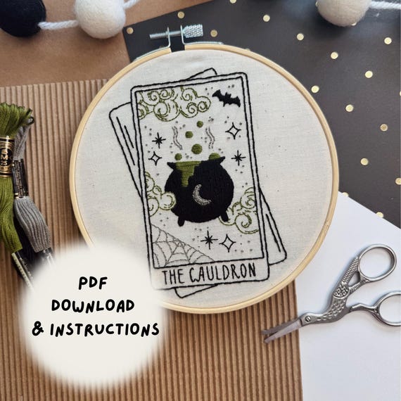 Cauldron Tarot Card Embroidery Pattern: 6-Inch Hoop (PDF Download)