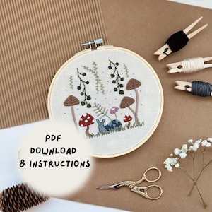 Mushroom & Snail Embroidery Design: Cottagecore Pattern (PDF Download)