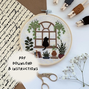 PDF Embroidery Download Sunroom Cat and Plants: Digital Design