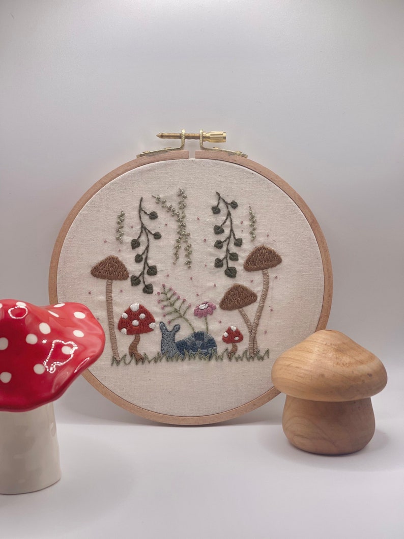 DIY Beginner Embroidery Kit Spring Snail Embroidery Simple Design Toadstool Garden 6 Inch Hoop DIY Cozy Craft Adult Crafting kit image 3