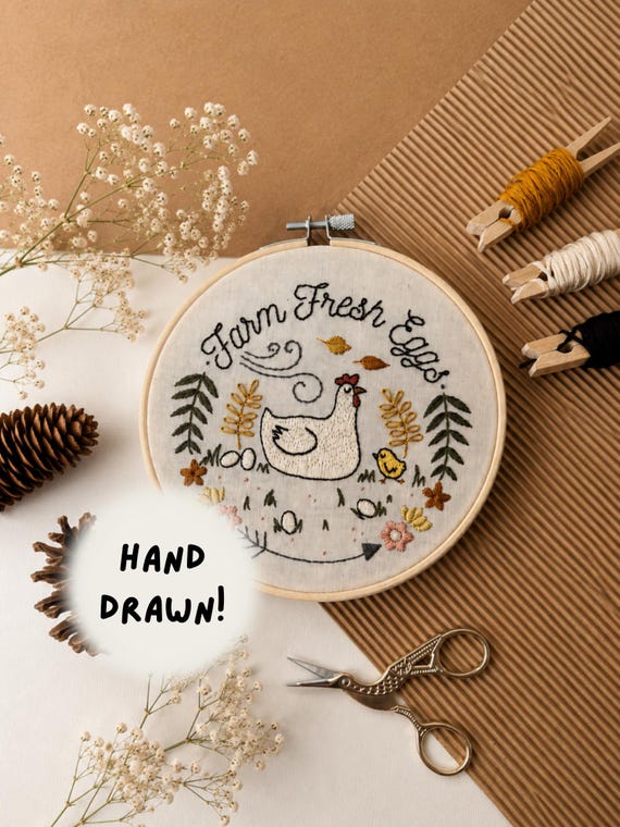 Beginner Embroidery Kit Farm Fresh Eggs: Modern Chicken Adult Crafting, DIY Craft
