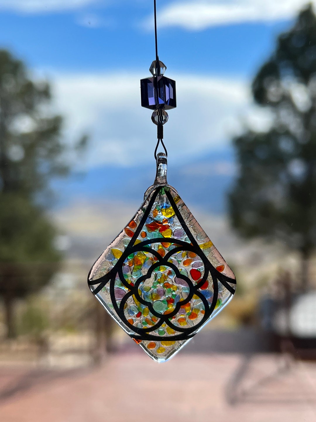 Glass Art Suncatcher, Suncatcher With Crystal Beads, Art Glass