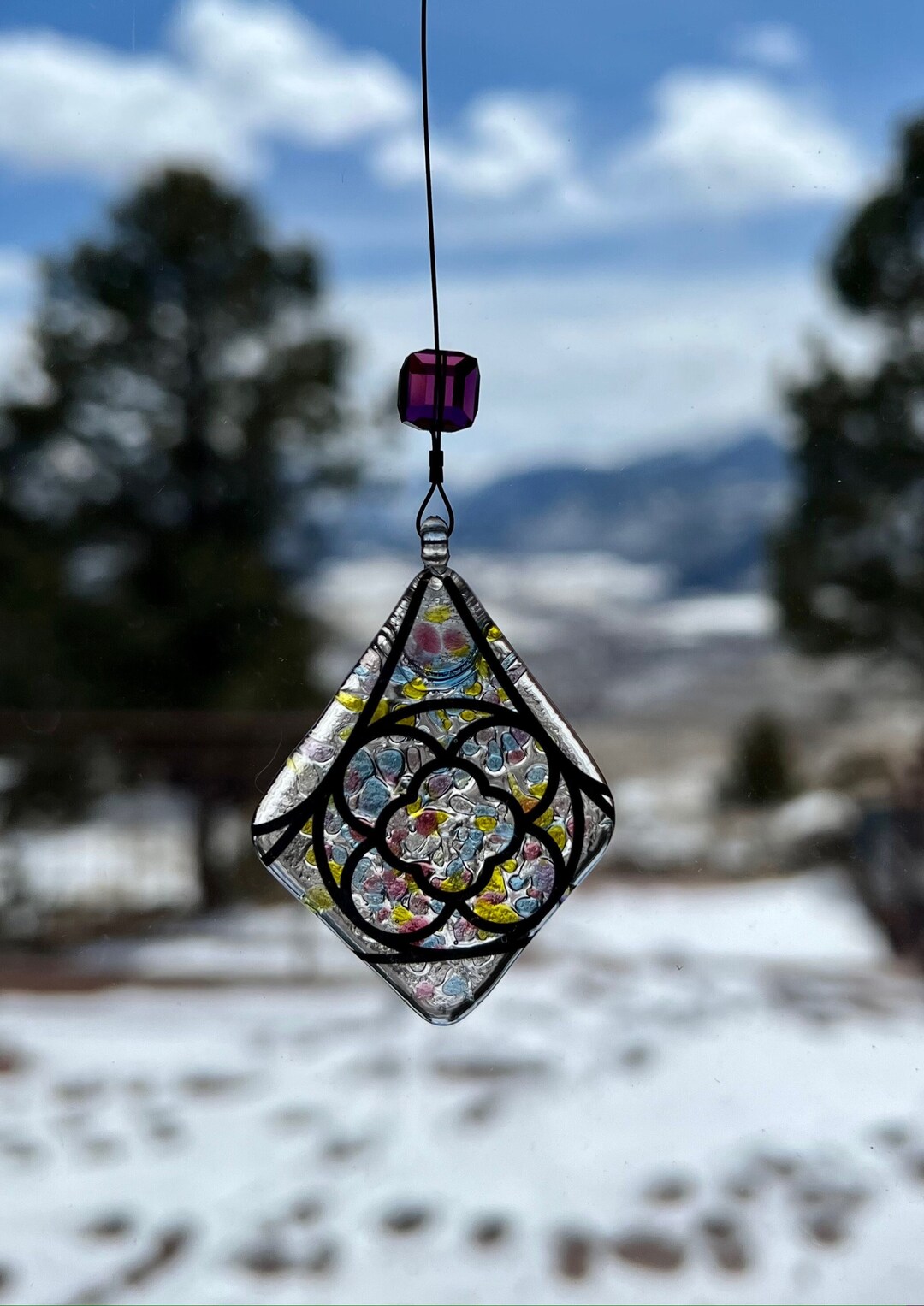 Glass Art Suncatcher, Suncatcher With Crystal Bead, Art Glass