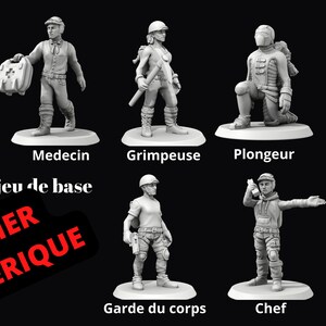 Peut inclure: Ensemble de figurines miniatures représentant divers métiers : géologue, médecin, grimpeuse, plongeur, ingénieur, garde du corps, chef et éclaireur. Les figurines sont sur des socles circulaires, avec des étiquettes de leurs titres. Le texte "FICHIER NUMERIQUE" est également présent.