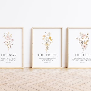 Juego de 3 carteles de arte cristiano para pared, con versículos bíblicos de estilo bohemio con acuarela floral, El camino, la verdad, la vida, estampado floral minimalista neutro