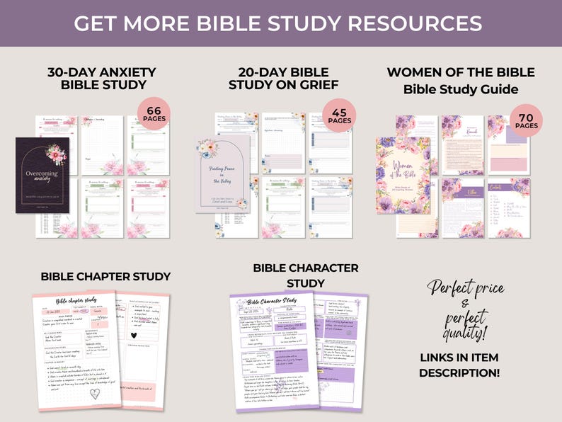 May include: A collection of digital Bible study resources including the 30-Day Anxiety Bible Study with 66 pages, 20-Day Bible Study on Grief with 45 pages, Women of the Bible Study Guide with 70 pages, a Bible Chapter Study, and a Bible Character Study.