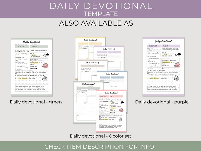 May include: A digital download of a daily devotional template in six different colors. The template includes space for daily reflections, scripture, and gratitude.