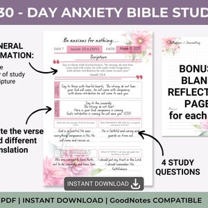 Puede incluir: Una p&aacute;gina de planificador digital para un estudio b&iacute;blico de 30 d&iacute;as sobre la ansiedad con detalles florales rosas. El dise&ntilde;o incluye secciones para fecha, escritura, vers&iacute;culos, comparaci&oacute;n de traducciones y cuatro preguntas de estudio.