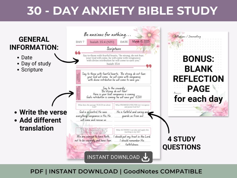 Puede incluir: Una p&aacute;gina de planificador digital para un estudio b&iacute;blico de 30 d&iacute;as sobre la ansiedad con detalles florales rosas. El dise&ntilde;o incluye secciones para fecha, escritura, vers&iacute;culos, comparaci&oacute;n de traducciones y cuatro preguntas de estudio.