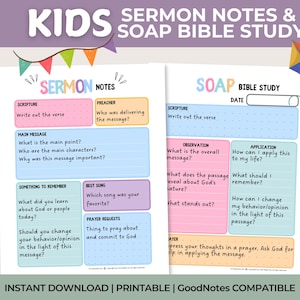May include: Printable sermon notes and SOAP Bible study worksheets for children. The worksheets are colourful and feature a variety of prompts for reflection and application.
