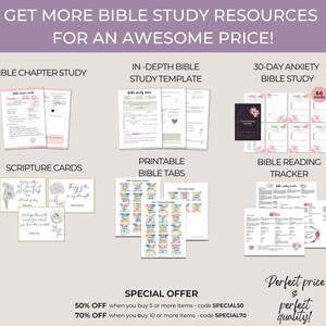 May include: A collection of printable Bible study resources, including a chapter study, in-depth study template, 30-day anxiety study, scripture cards, printable Bible tabs, and a Bible reading tracker. The resources are offered at a discounted price when purchasing multiple items.