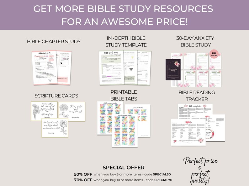 May include: A collection of printable Bible study resources, including a chapter study, in-depth study template, 30-day anxiety study, scripture cards, printable Bible tabs, and a Bible reading tracker. The resources are offered at a discounted price when purchasing multiple items.