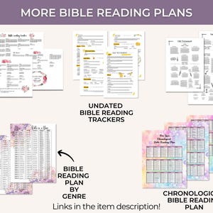 Op de afbeelding: Een verzameling printbare Bijbelleesplannen en trackers met diverse ontwerpen, waaronder florale accenten, aquarelachtergronden en gestructureerde tabellen. De documenten bevatten tekst zoals Bible Reading Tracker, Old Testament, New Testament en One Year Chronological Bible Reading Plan.
