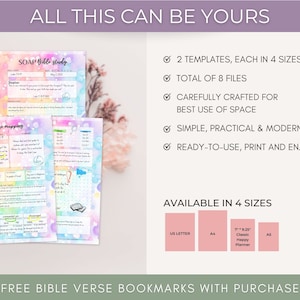May include: Two printable Bible study templates with watercolor backgrounds. The templates are titled "SOAP Bible Study" and "Verse Mapping". The text "ALL THIS CAN BE YOURS" is at the top of the image. The text "AVAILABLE IN 4 SIZES" is at the bottom of the image. The sizes are US Letter, A4, 7" x 9.25" Classic Happy Planner, and A5.