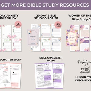 Puede incluir: Un collage de recursos de estudio b&iacute;blico imprimibles con dise&ntilde;os florales. Los t&iacute;tulos incluyen "Estudio b&iacute;blico de ansiedad de 30 d&iacute;as", "Estudio b&iacute;blico de duelo de 20 d&iacute;as", "Gu&iacute;a de estudio b&iacute;blico de mujeres de la Biblia", "Estudio b&iacute;blico de cap&iacute;tulo" y "Estudio b&iacute;blico de personaje".