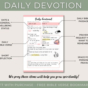 May include: A pink and white printable daily devotional planner with a floral design. The planner includes sections for date, general wellbeing status, daily bible verse, short reflection, daily bible passage, prayer request, and space for a personal prayer. The text "We pray these items will help you grow spiritually!" is at the bottom of the page.