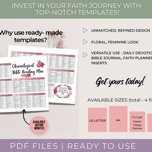 K&ouml;nnte beinhalten: Druckbare Bibel-Leseplan-Vorlage mit floralem Design. Die Vorlage tr&auml;gt den Titel "Chronological Bible Reading Plan". Der Text "Get yours today!" ist ebenfalls enthalten. Verf&uuml;gbare Gr&ouml;&szlig;en sind US Letter, A4, 7" x 9.25" Classic Happy Planner und A5.