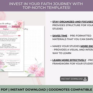 Puede incluir: Una plantilla digital de estudio b&iacute;blico con detalles florales y texto que incluye INVEST IN YOUR FAITH JOURNEY WITH TOP-NOTCH TEMPLATES, Be anxious for nothing, Isaiah 35:4, STAY ORGANIZED AND FOCUSED, SAVES TIME e INSTANT DOWNLOAD.