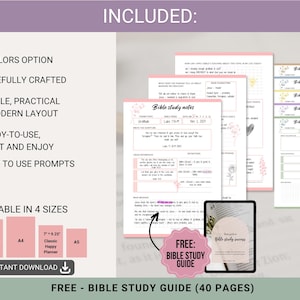 May include: A digital Bible study notes template set featuring six colour options, a modern layout, and prompts. Includes four sizes: US Letter, A4, 7 x 9.25 Classic Happy Planner, and A5. Also includes a free 40-page Bible study guide.