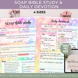 May include: A printable digital download of a SOAP Bible study and daily devotional journal template. The template features a colorful watercolor background with a rainbow color scheme. The text "SOAP Bible study" and "Daily devotional" is featured in the image. The template is compatible with GoodNotes.