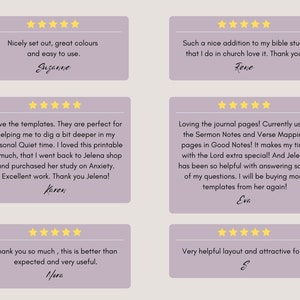 May include: Five customer reviews with five stars each, featuring positive feedback on printable templates for personal quiet time, journal pages, and bible study. The reviews are written in a light purple box with a white background and a gold star rating.