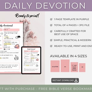 May include: Printable daily devotional journal template in purple with a pink and white floral background. The template includes a page for daily reflections, prayer requests, and gratitude. The journal is available in four sizes: US Letter, A4, A5, and 7" x 9.25".