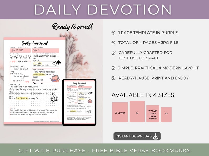May include: Printable daily devotional journal template in purple with a pink and white floral background. The template includes a page for daily reflections, prayer requests, and gratitude. The journal is available in four sizes: US Letter, A4, A5, and 7" x 9.25".