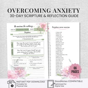 May include: A 66-page Overcoming Anxiety 30-Day Scripture & Reflection Guide featuring floral accents. The pages include a daily scripture section with 2 Thessalonians 3:16, verse writing, translation comparison, and a scripture verses overview list.