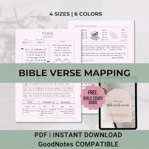 May include: A digital Bible verse mapping guide with the text "Bible Verse Mapping" in large letters. The image includes a tablet with a "Bible Study Success" guide, and the text "4 Sizes | 6 Colors" is at the top.
