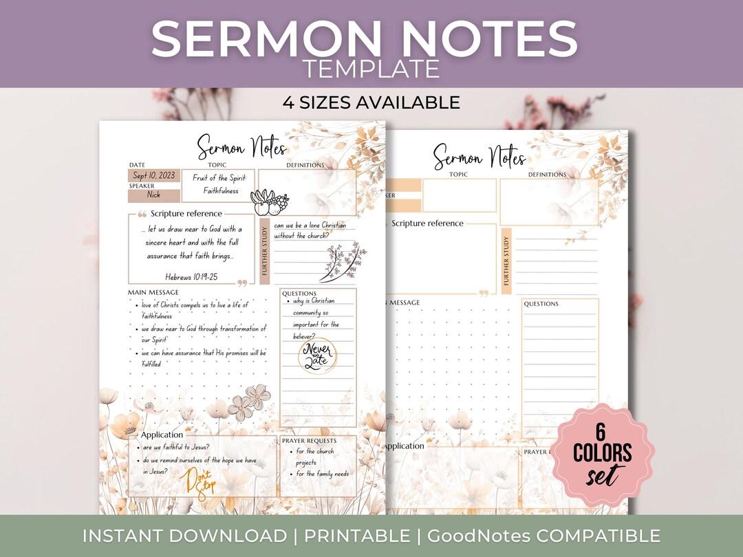 Sermon Notes Journal Printable & Digital Bible Journal, Sermon Summary ...