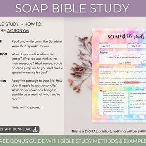 May include: A printable SOAP Bible study worksheet with a watercolor background. The acronym SOAP stands for Scripture, Observation, Application, and Prayer. The worksheet includes space to write the Bible verse, date, scripture, observation, prayer, and application.