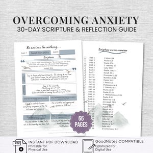 Könnte beinhalten: Ein 66-seitiger digitaler Leitfaden mit dem Titel OVERCOMING ANXIETY 30-DAY SCRIPTURE & REFLECTION GUIDE. Die Seiten enthalten eine Übersicht der Schriftstellen, tägliche Reflexionsfragen und Berggrafiken. Enthält ein PDF-Download-Symbol.