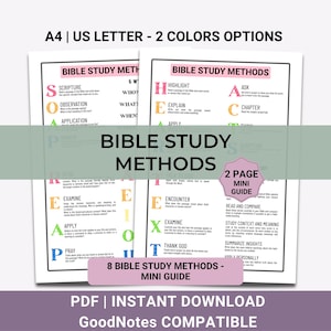 Könnte beinhalten: Ein digitaler Leitfaden mit dem Titel "Bibelstudienmethoden" mit zwei Farboptionen. Der Leitfaden zeigt ein rosa-weißes Design mit Text, der acht Methoden zum Studium der Bibel umreißt. Der Leitfaden ist in A4- und US-Letter-Größe erhältlich.