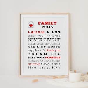 Familjeregler Lekrum Familjemotto Modern Väggkonst Utskrivbar Kristen Dekoration I Vårt Hem Barnposter Biblisk Hemstyre Tryck